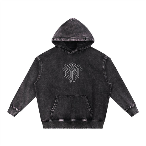 Black hoodie with geometric design on a white background